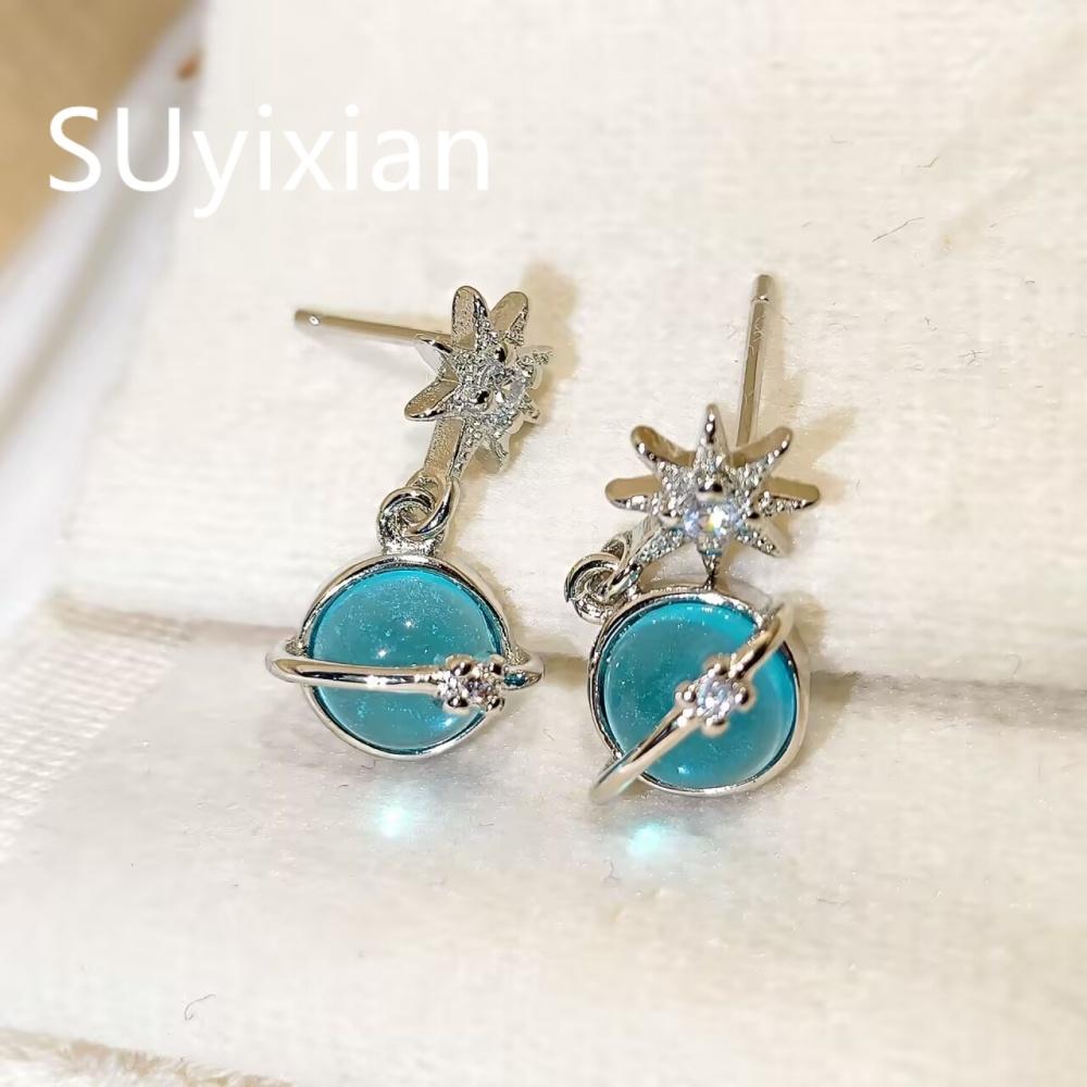 925 Sterling Silver Stylish Small Fresh Blue Stellar Zircon Stud Earrings Birthday Party Anniversary Gift