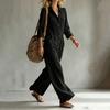 Damen Farbiger Jumpsuit mit langen Ärmeln, weitem Bein und Kragen für Urlaub und Reisen