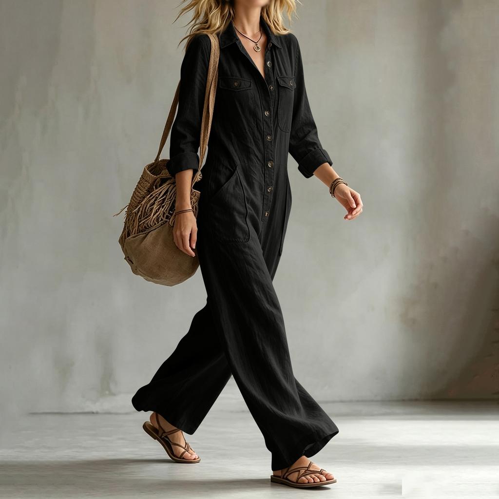 Damen Farbiger Jumpsuit mit langen Ärmeln, weitem Bein und Kragen für Urlaub und Reisen