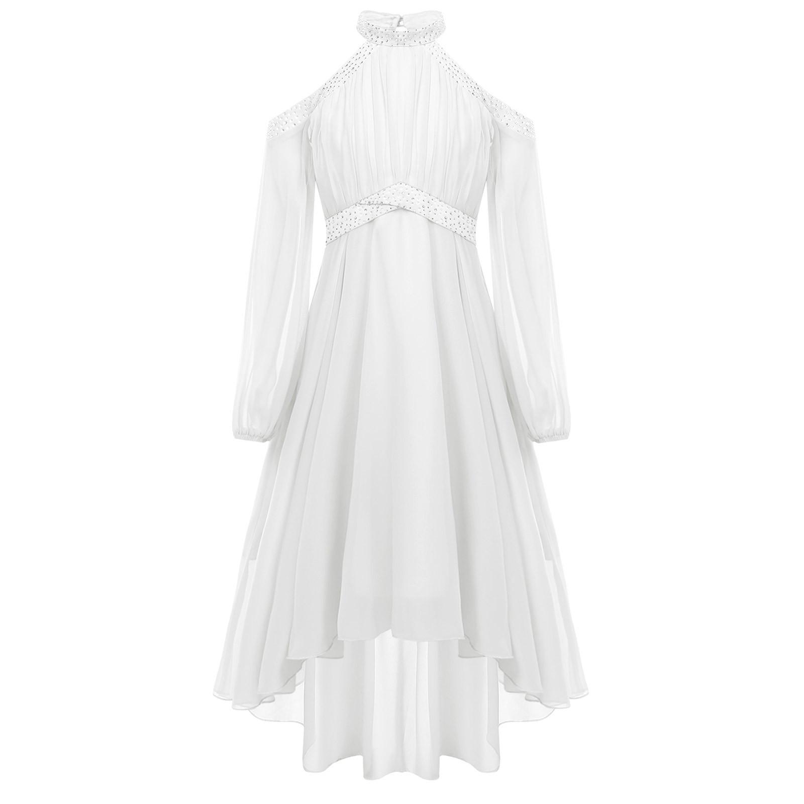 

Дівчата Елегантна Вечірня Сукня Халтер З Відкритими Плечима Довгий Рукав Висока Талія З Рюшами Нерегулярний Поділ Дизайн зі Штучними Діамантами Сукня 3-4 Years слонова кістка