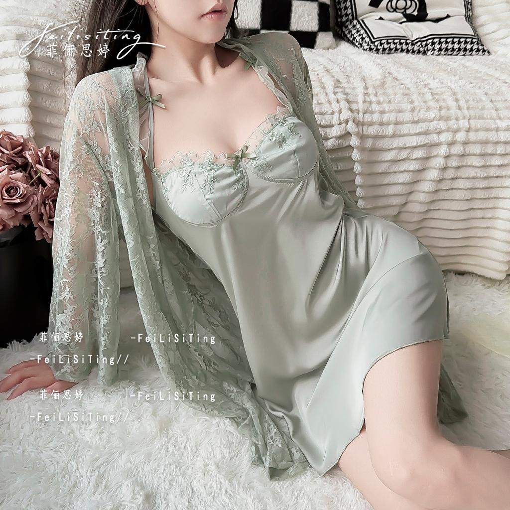 Pajamas summer French ice silk pure desire style new sexy chest pad lace premium two-piece set suspender nightgown