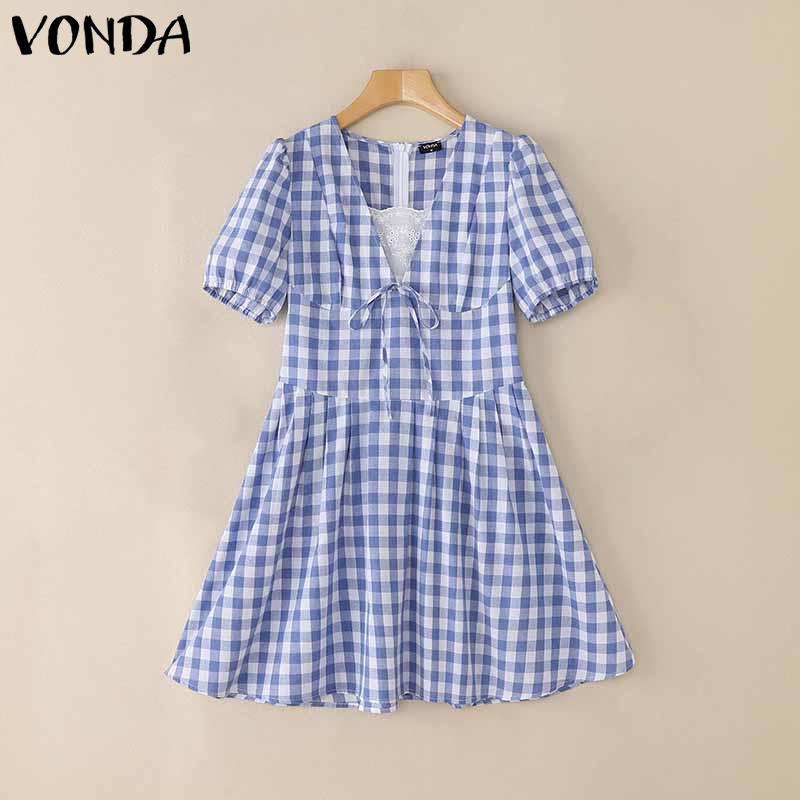 VONDA Women Patchwork Lace V Neck Puff Sleeve Plaid Print Casual Ruffled Dress