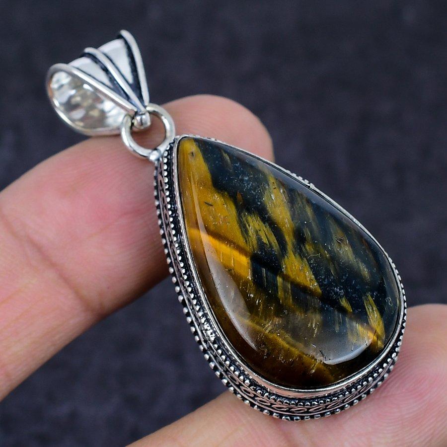 Tiger Eye Gemstone Handmade 925 Sterling Silver Jewelry Pendant 2.05" H8D32