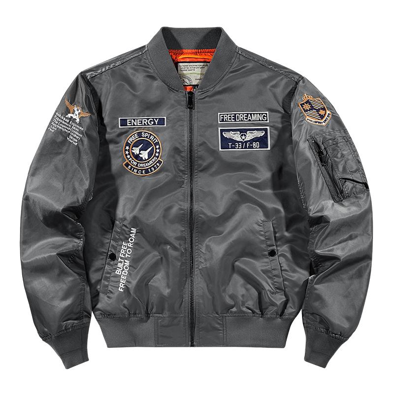 Autumn Men MA-1 Flight Bomber Jacket Badge Embroidery Patches Rib Knit Collar Zip Up Windproof Army Pilot Military Streetwear Casual Outerwear Coat
