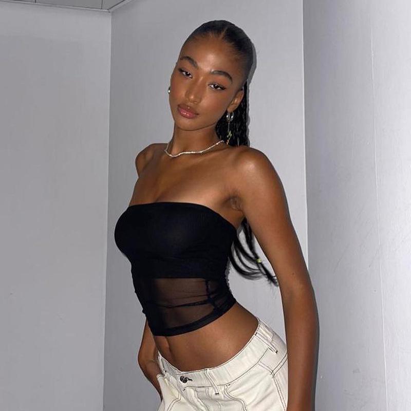 Summer 2022 Solid Color Sleeveless Mesh See-Through Crop Top Vest - Women's Casual European American Style