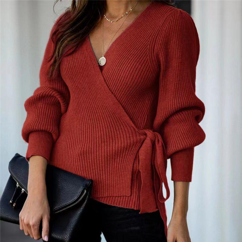 IHUASU Autumn and Winter Tie Temperament Commuter V-neck Jumper Women's Loose Large Size Fashion Knitted Cardigan