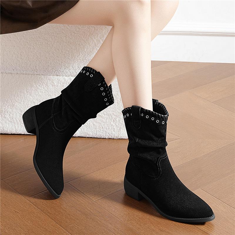 New thick heel thick sole pointed tip pleated piled boots autumn and winter new versatile temperament velvet short boots cotton shoes