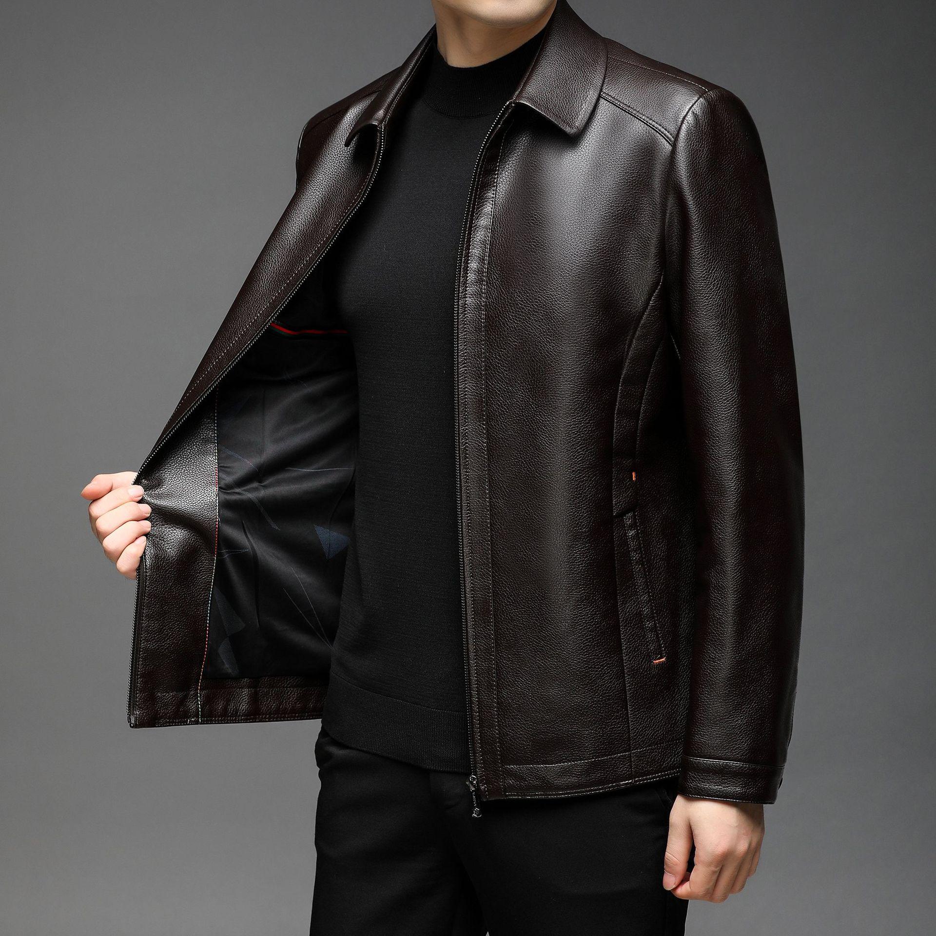 

Кожаная куртка мужская осенне-зимняя мужская куртка из мягкой кожи с лацканами для мужчин среднего возраста в деловом повседневном стиле из флиса 170