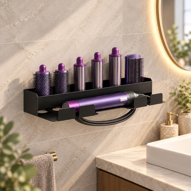 Adhesive-Mounted Hair Dryer and Curling Iron Holder with Open Wall Storage and Front Cord Retainers for Dressing Spaces