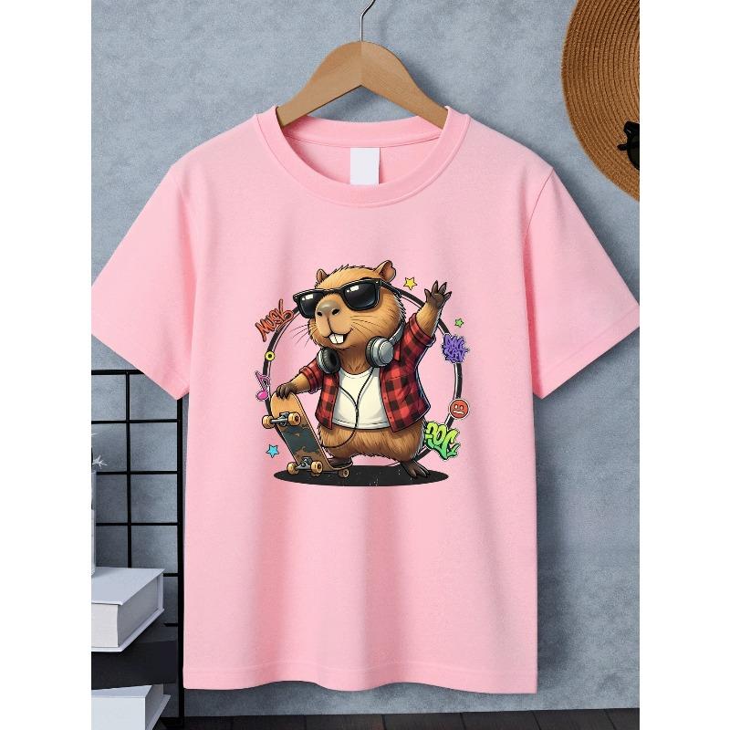 Boys Crewneck T-Shirt, Cool Skateboard Music Capybara Graphic Soft Breathable Short Sleeve Top