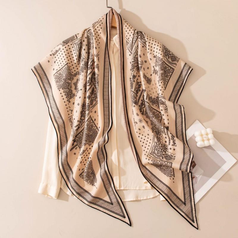 Womens Silk Wool Triangle Scarf Luxury Warm Winter Shawl Office Stylish Wrap Vintage Floral Print