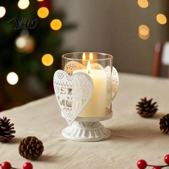 Boutique Shop Display 2Pcs Christmas Hollow Metal Candle Holder, Vintage Tabletop Tealight Lantern, Xmas Seasonal Atmosphere Light Elk, Tree,
