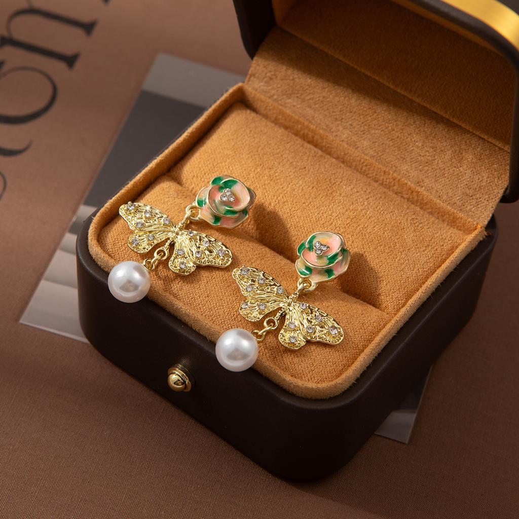 Premium Color Flower Diamond Butterfly Tassel Pearl Earrings Super Fairy Gentle Sweet Fairy Wind Earrings