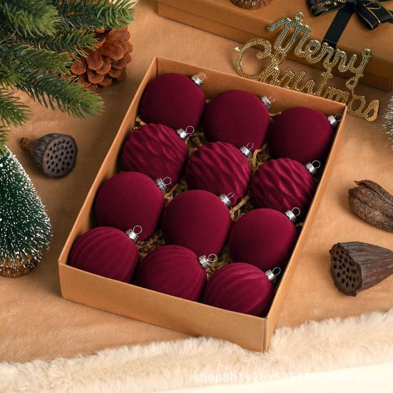 12 Pcs Velvet Christmas Balls Flocking Balls Christmas Tree Ornament Shatterproof Plastic Hanging Baubles Decoration for Xmas Tree Party Home