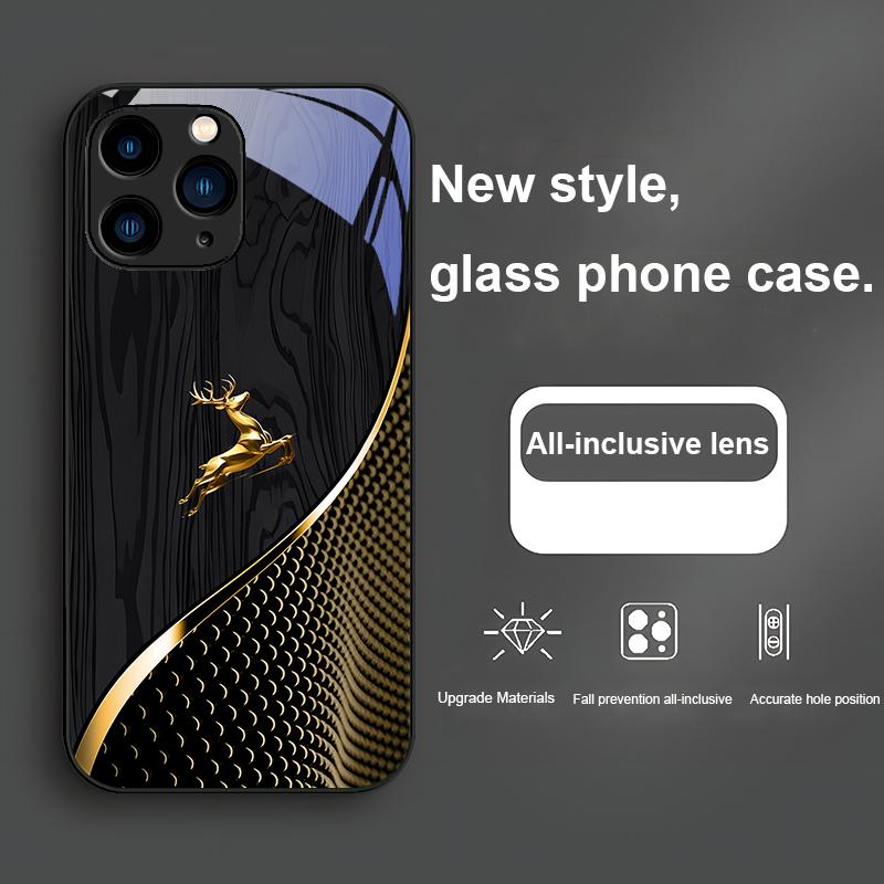 Elegant wood grain golden deer for Iphone 15 14 13 12 Mini 11 Pro Max X XS XR 7 8 Plus 2020 22 SE tempered glass phone case