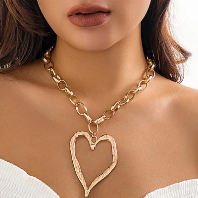 Hip Hop Punk Gold Color Love Heart Pendant Necklace for Women Exaggerated Hollow Out Thick Chain Chokers Y2K Jewelry Accessories