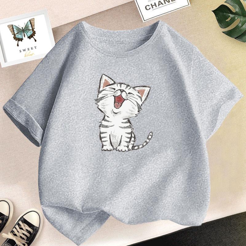 Girls Clothes 2025 Summer Fashion T-Shirt Fun And Cute Cat  Print Short-Sleeved Tops Children Summer Clothes