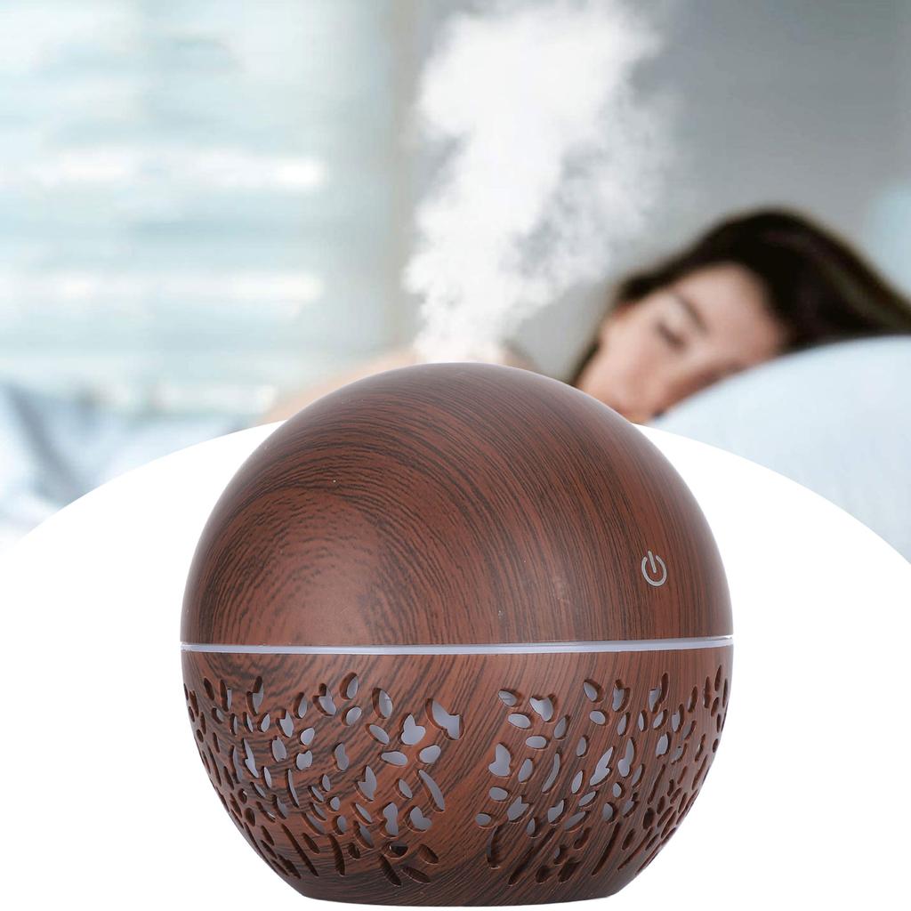 130ml Humidifier Aroma Air Diffuser Hollow Out USB 7 Color Light Low Noise Humidifier (Dark Wooden Grain)