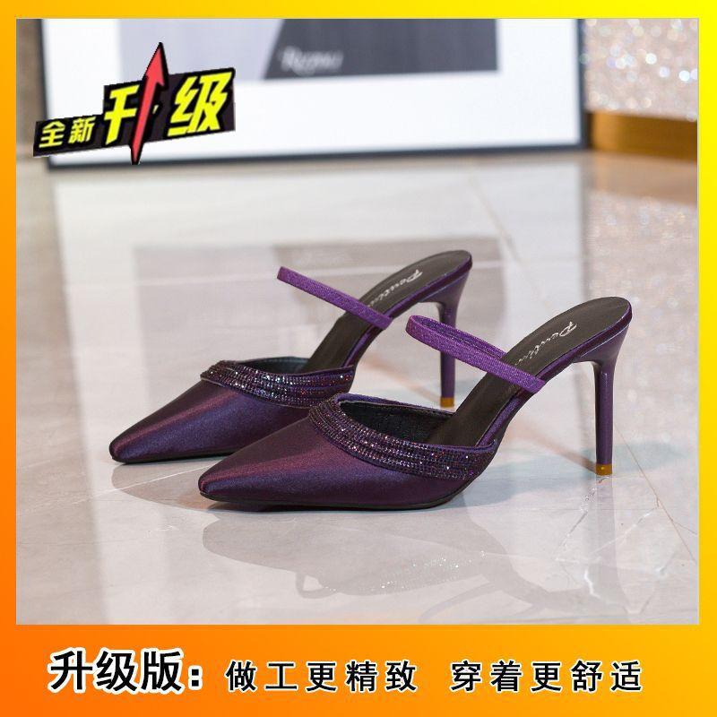 Thin heel bag head sexy light mouth rhinestone word with sandals pointed champagne high heels women's 2025 spring and autumn new models