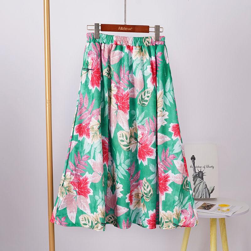 Floral Half Length Skirt for Women Spring/Summer Long Style High Waist Retro Elastic Long Length Skirt