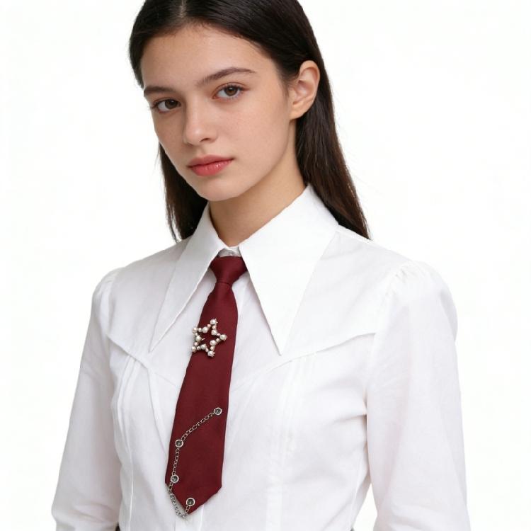 Student Pre Tied Neck Ties Preepy Look Pearls Star Metal Chain Dark Tie Cravat Neck Wear Accessories