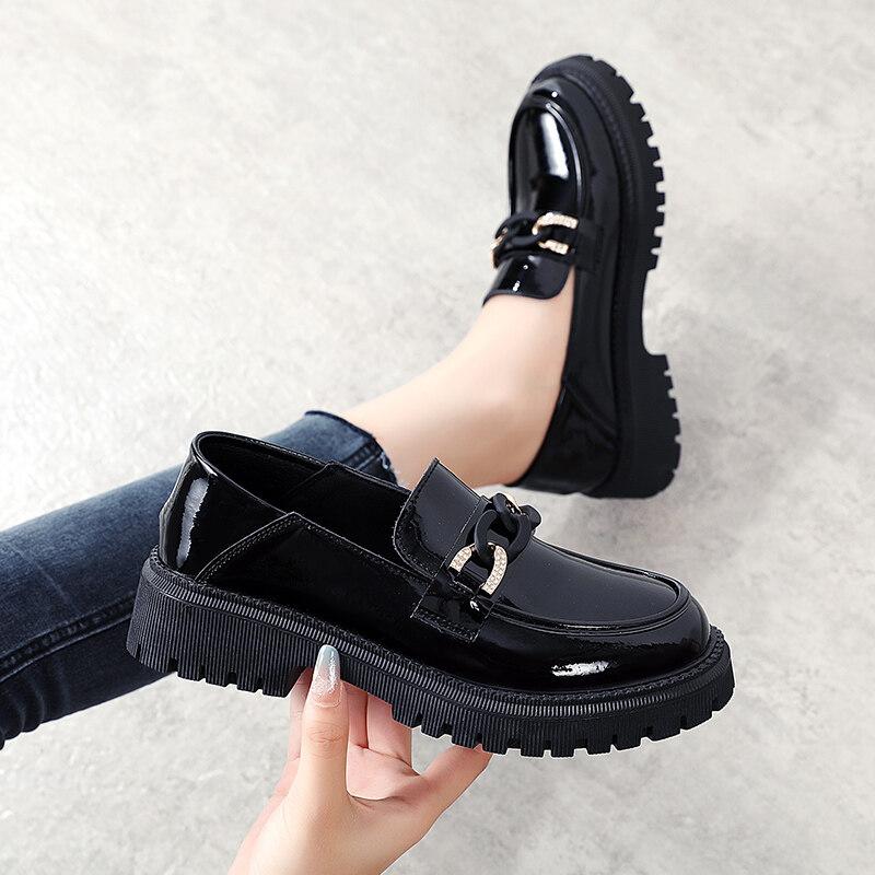 Dam Loafers Plattform Chunky Lady Summer Casual svarta läderskor