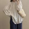 Spring/Summer 2026 Artistic Loose-Fit Plus Size Women's Linen Shirt with Pleated Stand Collar and Long Sleeves