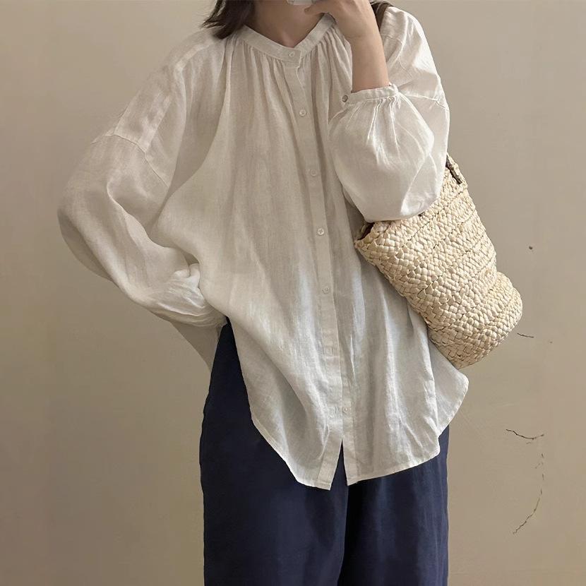 Spring/Summer 2026 Artistic Loose-Fit Plus Size Women's Linen Shirt with Pleated Stand Collar and Long Sleeves