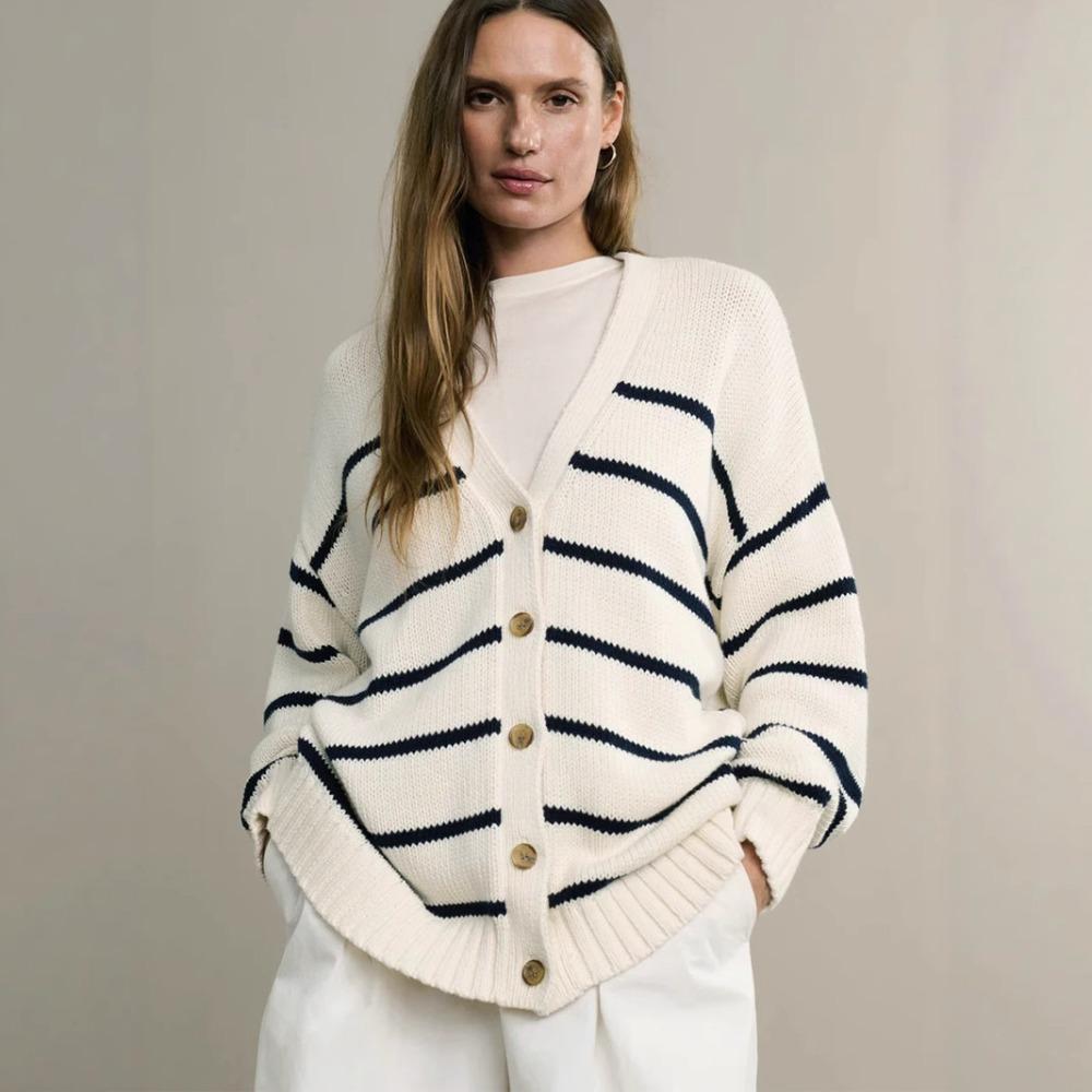 Vintage V-neck Black White Striped Knitted Cardigan Women's Autumn Winter Contrasting Colors Oversized Sweater Lazy Coats Women