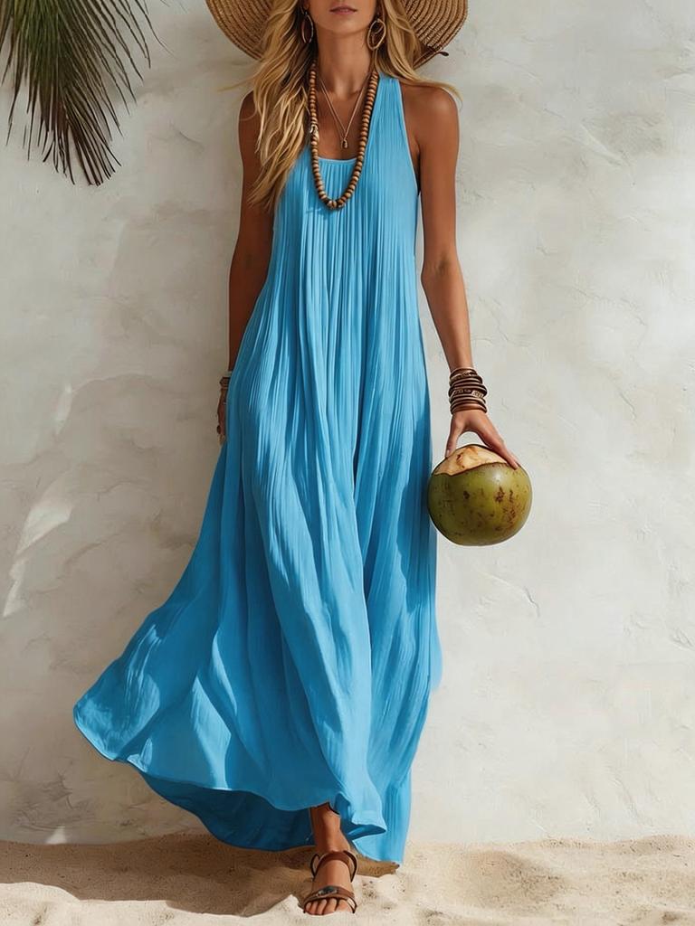 Women Halter Neck Sleeveless Maxi Dress Casual Solid Color Pleated Beach Dress
