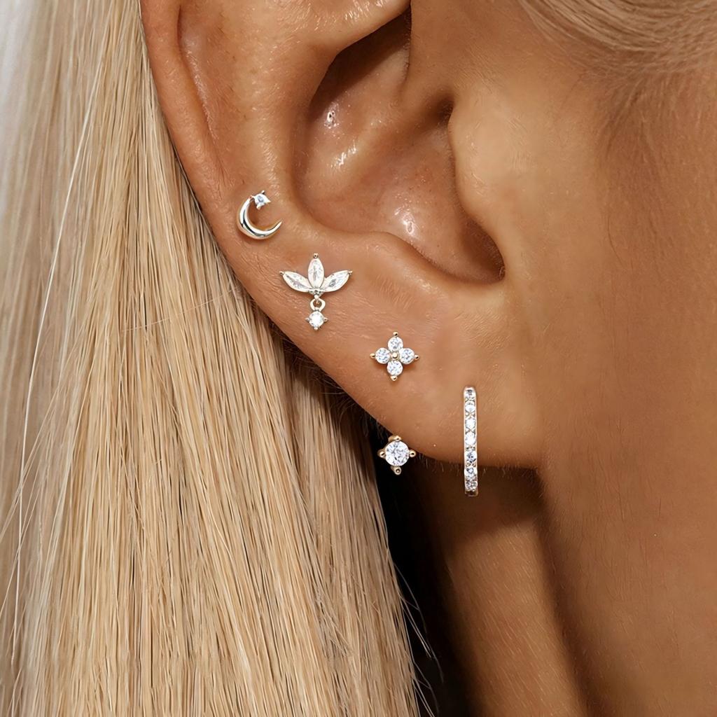 4PCS Fashion Zircon Round Hoop Earring Set Women Temperament Flower Ear Stud Huggie Earring Tragus Piercing Cartilage Jewelry