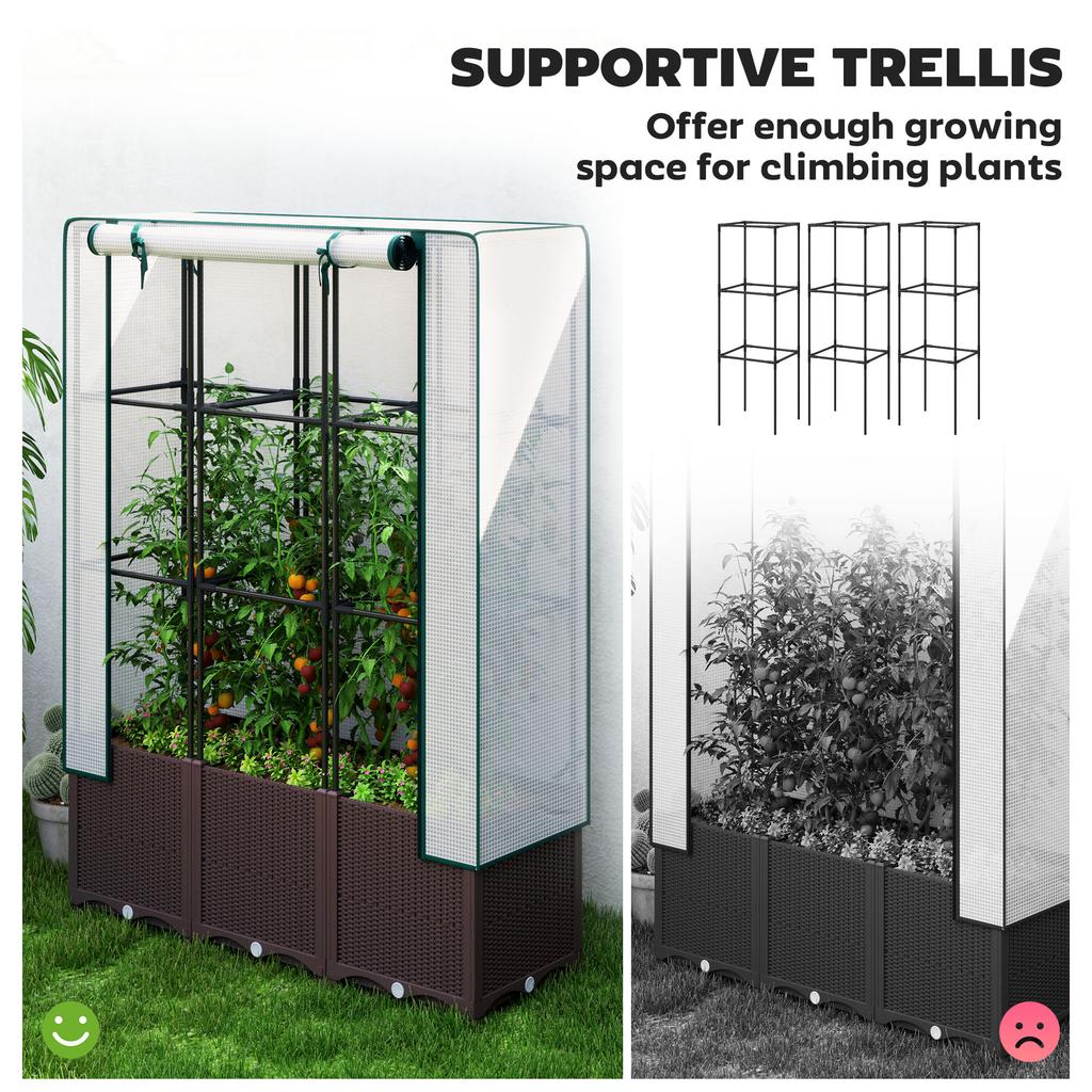 Raised Garden Bed with Trellis, Plastic Planter Box with PE Cover, Drainage Holes, Drain Plugs and Water Reservoirs for Climbing Plants, Vegetables