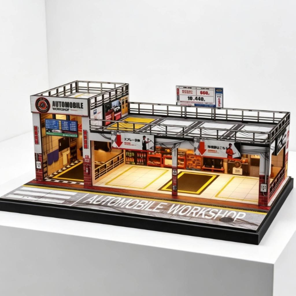 Miniature Parking Workshop 1:64 Scale DoubleLayer Model Rooftop Railings Garage Building