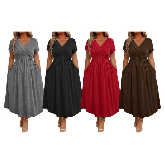 Robe Mi-longue Décontractée d'Été pour Femme Robe évasée à manches courtes et col en V avec torsade sur le devant Robe longue fluide ligne A pour vacances à la plage