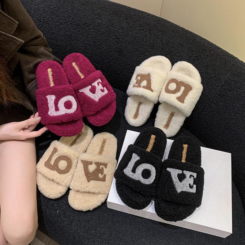 Fashionable letters wear thick-soled fluffy slippers 2025 new suede one-word drag autumn and winter warm cotton drag women's shoes