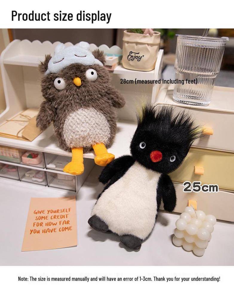 Frizzy Penguin Plush: Ugly-Cute Owl Eye Mask and Exploding Head Ronnie Calming Doll for Sweet Sleep Prank