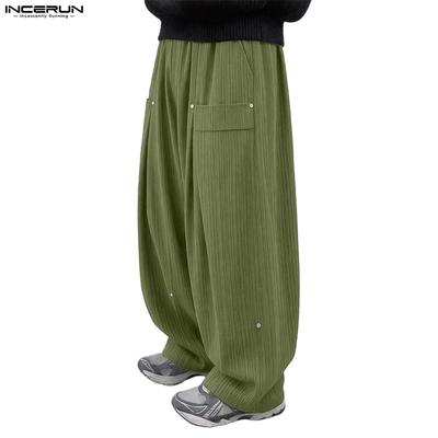 Men Elastic Waist Solid Color Texture Casual Loose Baggy Long Pants Trousers