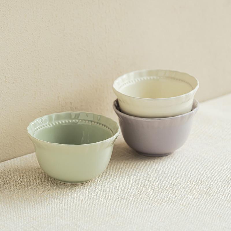 High-Value Solid-Color Ceramic Rice Bowl, Porridge Bowl, Household Tableware, Practical Lace-Shaped Breakfast, Yogurt Bowl, Fruit Bowl