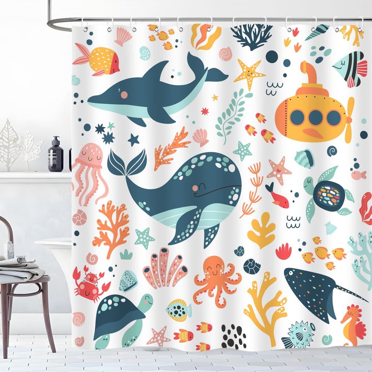 Annier Boys Kids Cartoon Ocean Shower Curtain Cute Fish Sea Turtle Whale Dolphin Funny Underwater Submarine Animal Sea Life Children