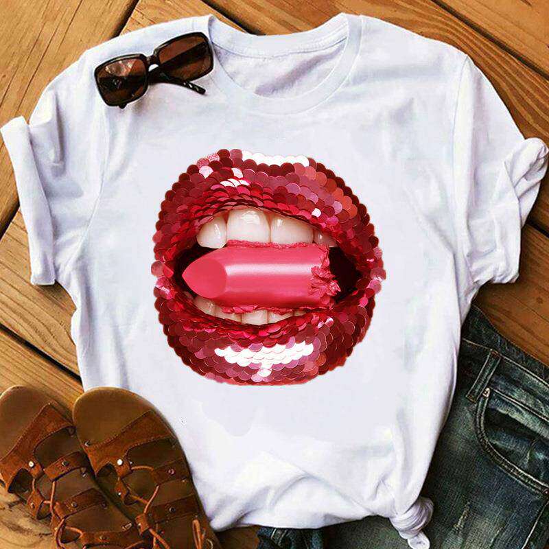Lippen Reine Baumwolle Bedruckt Unisex und Damen Modetrend T-Shirt Sommer Neu Personalisiert Rundhals Locker Lässig T-Shirt