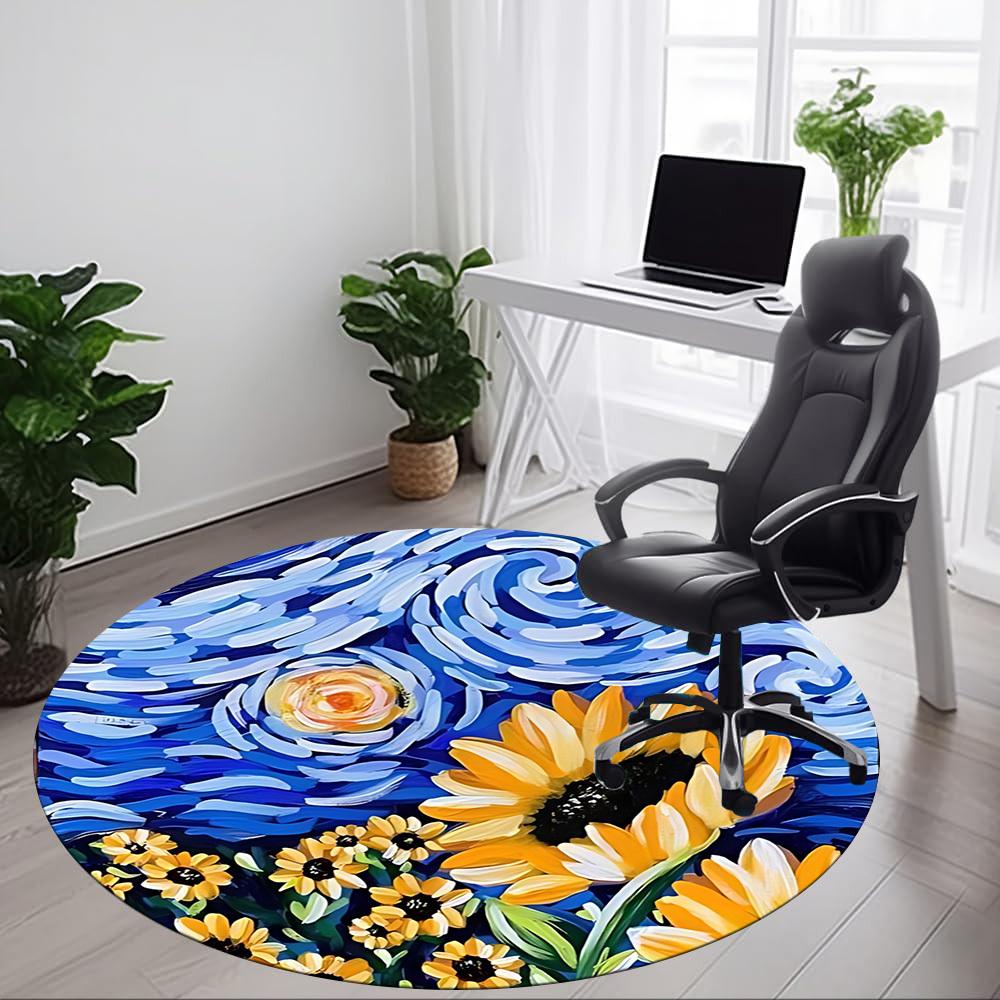 1pc Sunflower Night Sky Print Chair Carpet for Office, Round Polyester Mat, Indoor Decor for Office, Easycare Fabric, Washable Non-slip Area Carpet
