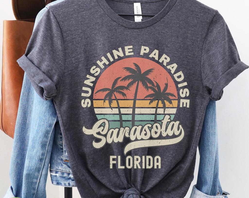 Sarasota Shirt Florida Souvenir Tee, Palm Tree Retro Sunset Shirt, Sarasota Beach Gift Florida Matching Family Group Travel Shirts