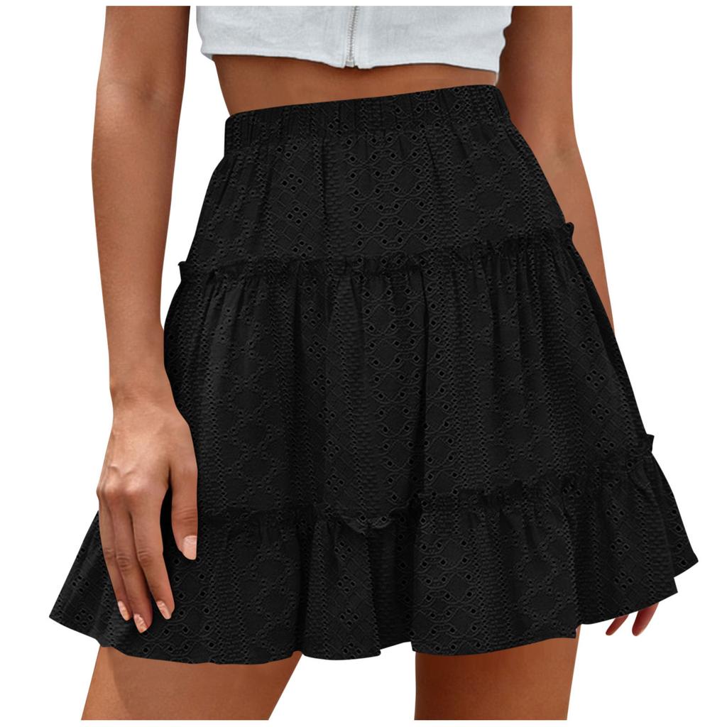 Women’s High Waist Tiered Mini Skirt with Elastic Waistband and Eyelet Embroidery Flared A-Line Design for Casual Wear
