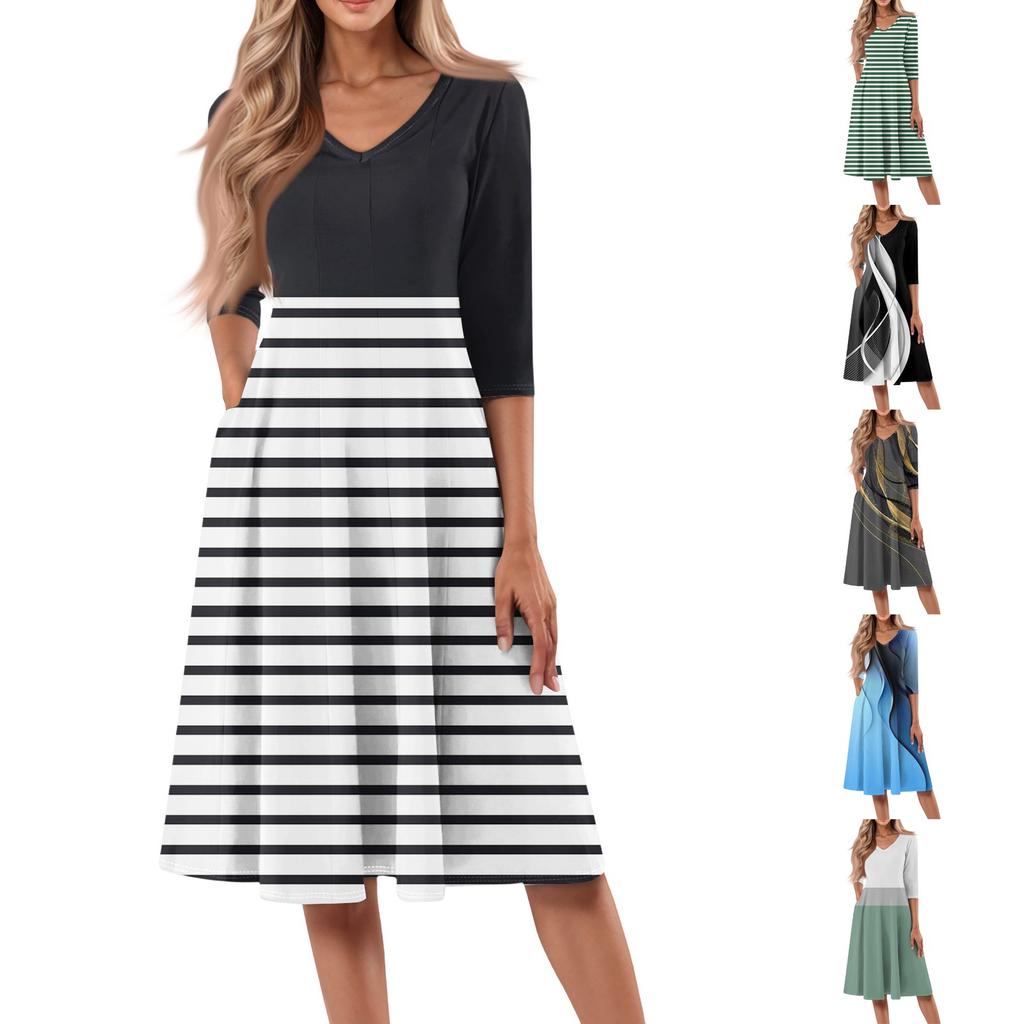 Women's Casual Fashion V Neck Three Quarter Sleeve Print Midi Dress