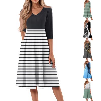 Women's Casual Fashion V Neck Three Quarter Sleeve Print Midi Dress