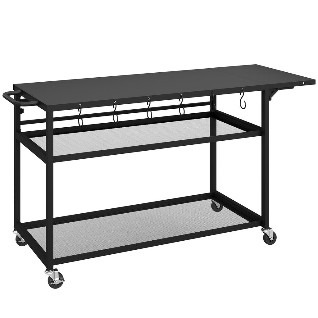 Garden Trolley Barbecue Cart on Casters with Foldable Side Tray, Three Shelves, 133 x 48.5 x 82 cm, Black
