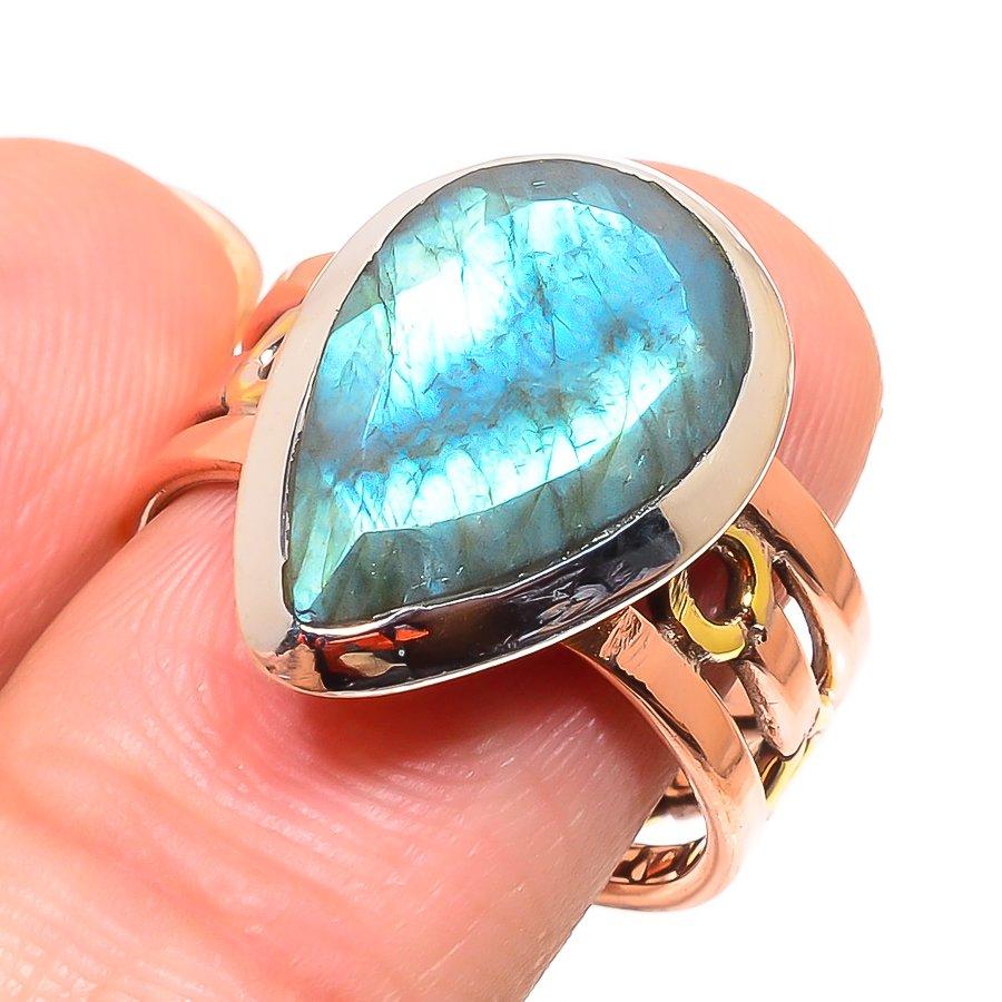 Natural Labradorite Gemstone Two Tone 925 Sterling Silver Jewelry Ring S.9 m7j79