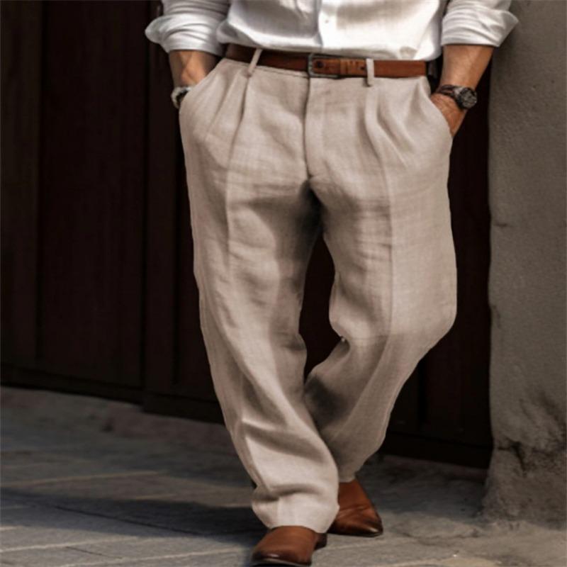 Men Linen Blend Pleated Dress Pants High Waist Straight Leg Casual Trousers