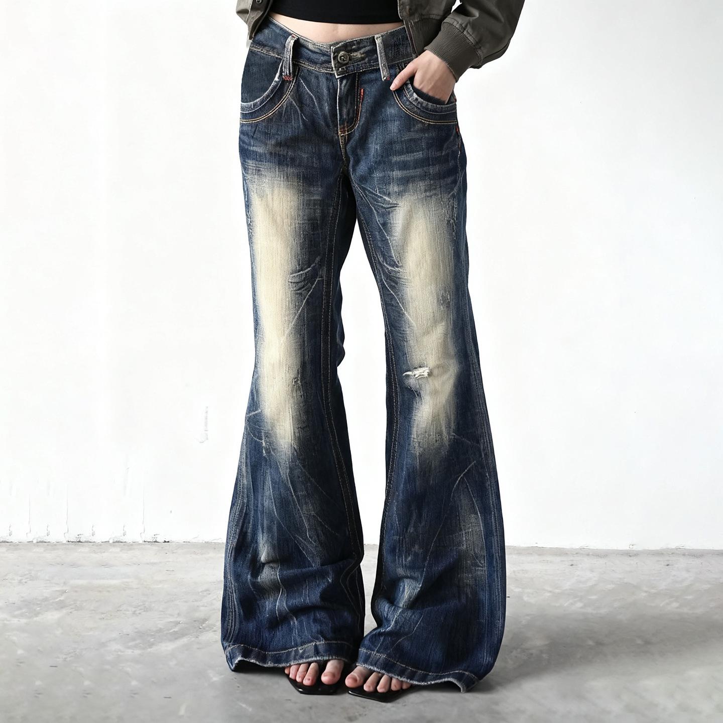 American Retro Washed Slimming Jeans - Spicy Girl Micro-flare Street Style Long Pants Small синий