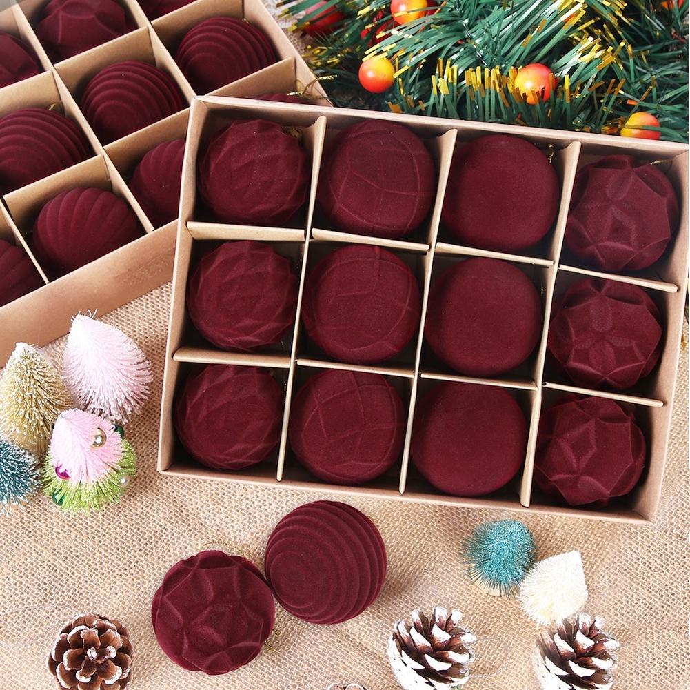 Set of 12 Burgundy Flocked Velvet Christmas Ball Ornaments for DIY Tree Decorations with Soft Flannel Fabric and European Design